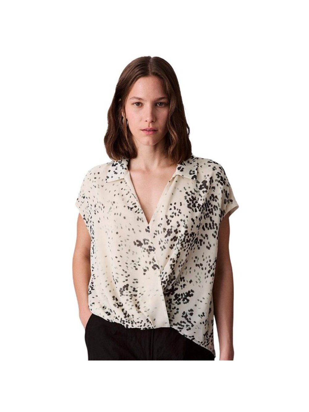 NWT Calvin Klein Printed Chiffon Faux-Wrap Cap-Sleeve Top Light Gray Print M